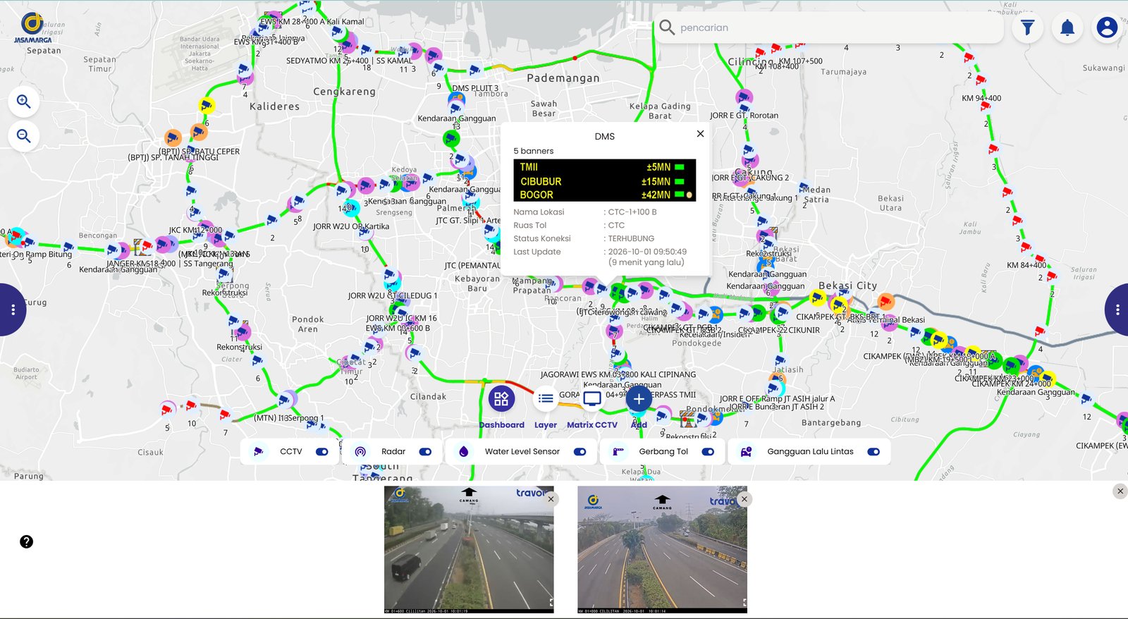 Tampilan Digimap: peta ruas tol dengan titik CCTV, radar, dan panel DMS